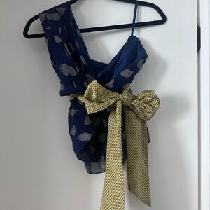 Anthropologie One Shoulder Navy Top w Removable Sash/Bow